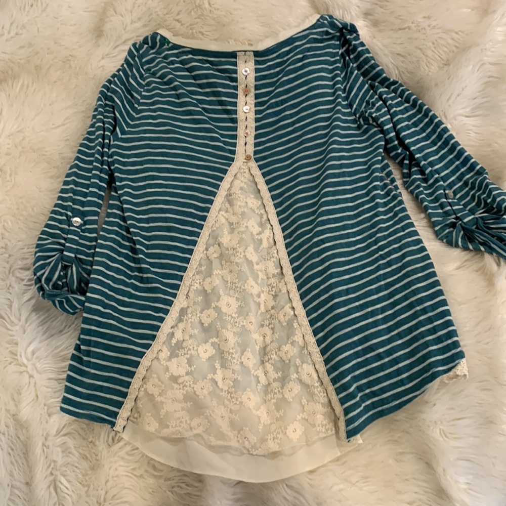 Anthropologie Teal and White Striped Long Sleeve Tee - Picture 4 of 7